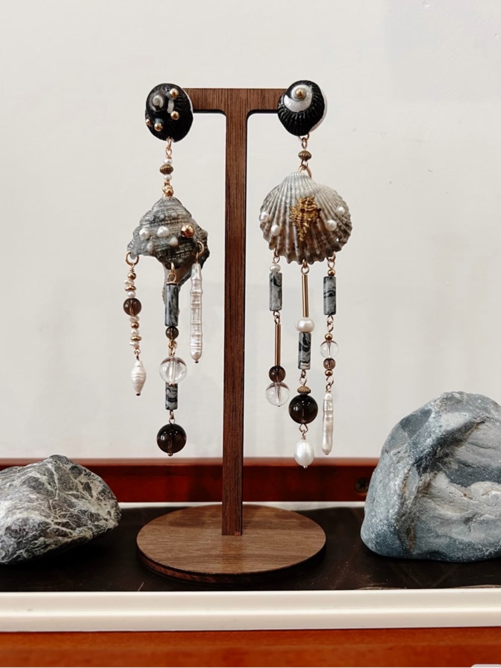 Handcrafted Seashell Drop Earrings Gray Gold Pearl Shell Asymmetrical Boho
